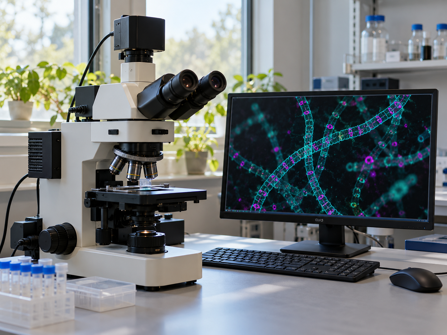 Illustrative microscopy workstation and computer displaying cellular image analysis
